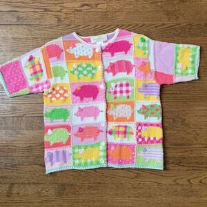 VTG Susan Bristol Colorful Pig Patchwork Cardigan Sweater Size Small
